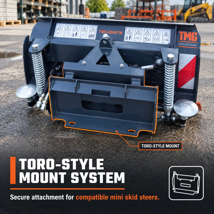 48" Mini Skid Steer Dozer Blade / Snow Pusher, 30° Left & Right, Bolt-On Cutting Edge, Toro-Style Mount, TMG-DB48TM