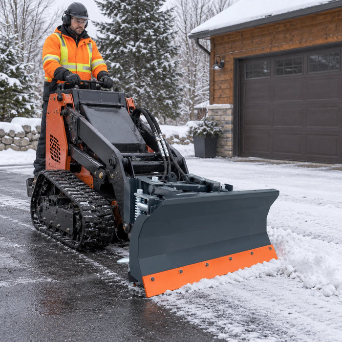 48" Mini Skid Steer Dozer Blade / Snow Pusher, 30° Left & Right, Bolt-On Cutting Edge, Toro-Style Mount, TMG-DB48TM