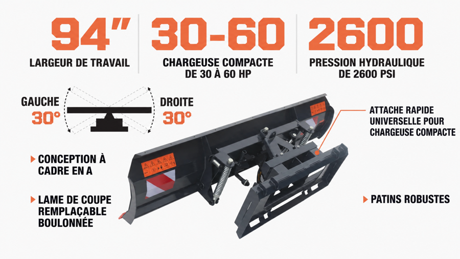 Lame de bouteur / pousse-neige de 94" pour chargeuse compacte, orientable à 30° à gauche et à droite, bord de coupe boulonné, patins réglables, attache rapide universelle, TMG-DB94