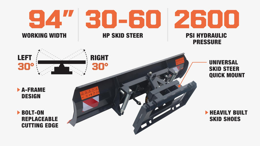 TMG Industrial 94" Skid Steer Dozer Blade/Snow Pusher, 30° Left & Right, Bolt-On Cutting Edge, Patins réglables, Universal Quick Mount, TMG-DB94