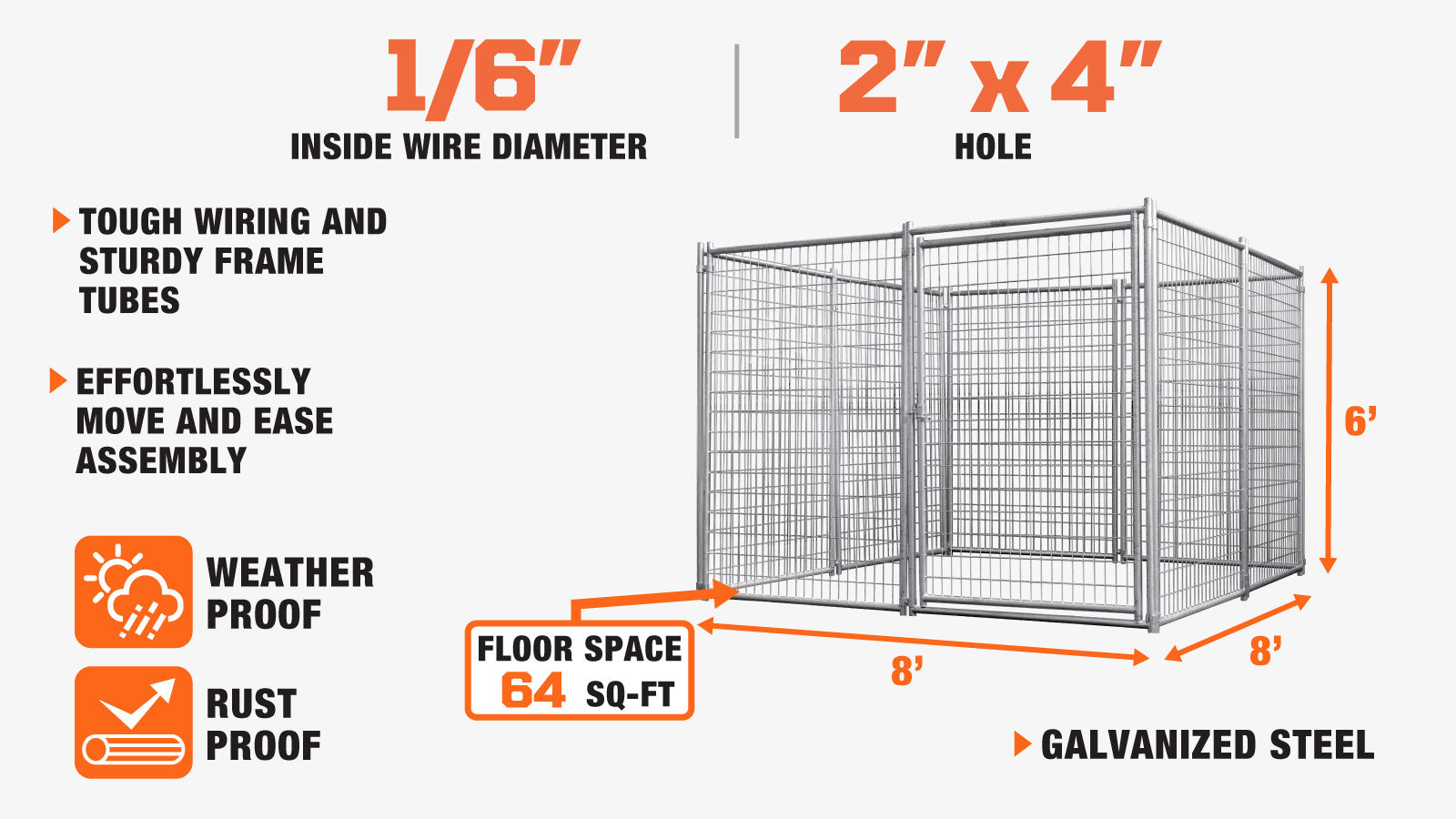 TMG Industrial 8’ x 8’ Galvanized Dog Kennel, Easy Assembly, Weather-Resistant, TMG-DCP08-description-image