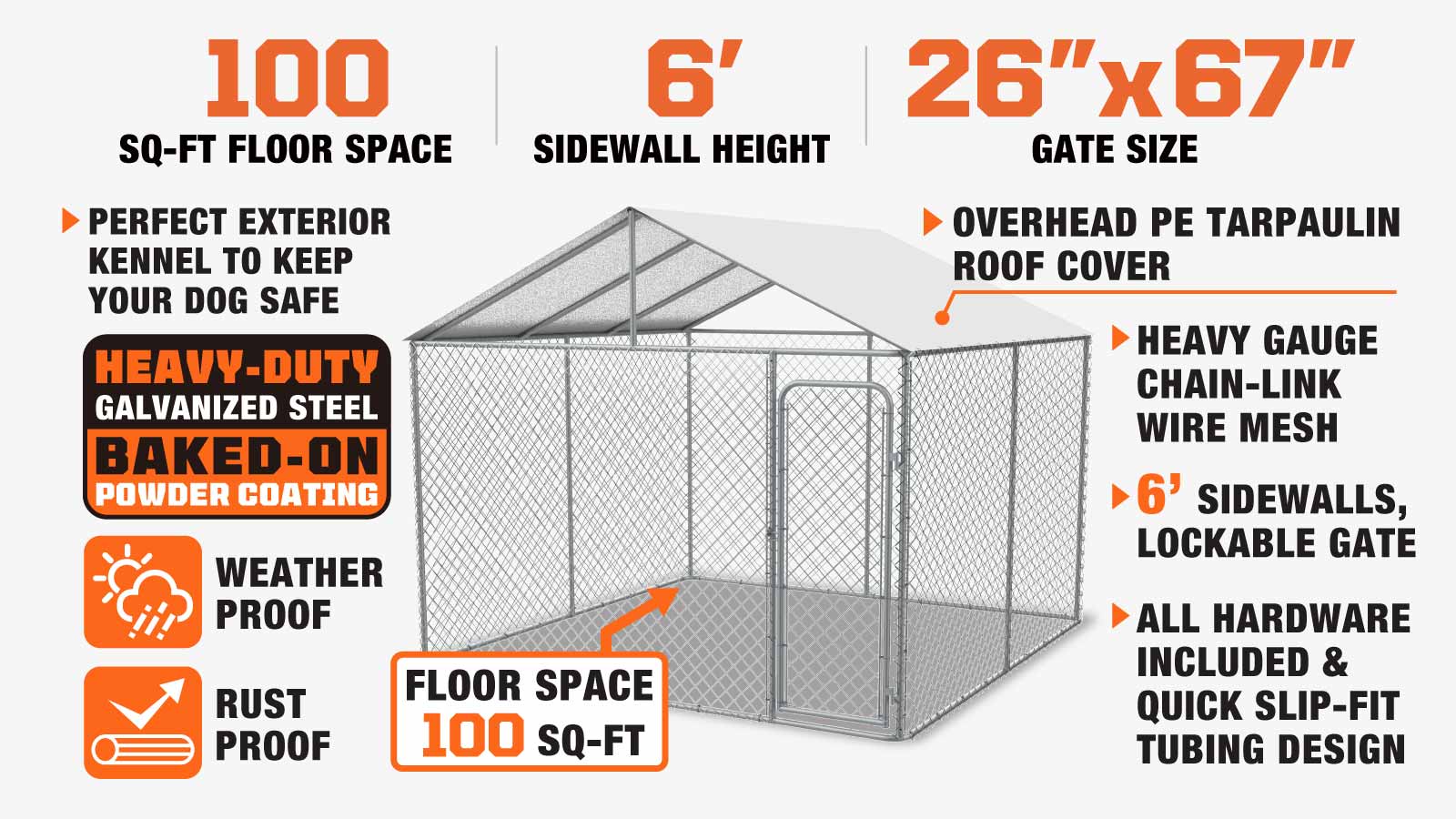 TMG Industrial 10' x 10' Outdoor Dog Kennel Playpen with Cover, Outdoor Dog Runner, Pet Exercise House, Lockable Gate, 6' Chain-Link Fence, TMG-DCP1010-description-image