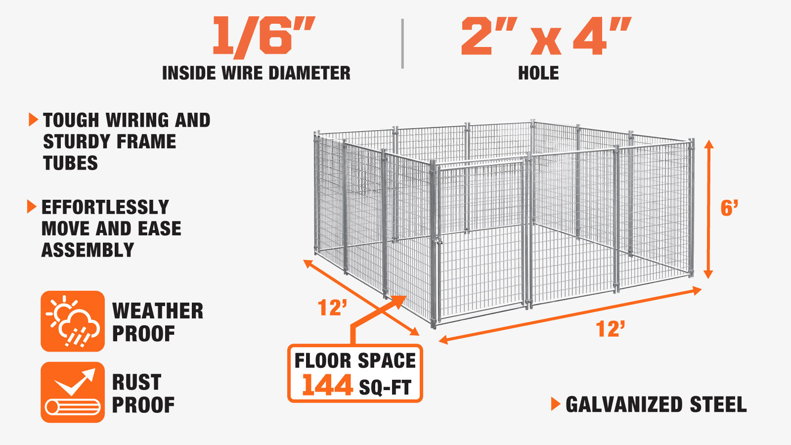 TMG Industrial 12’ x 12’ Galvanized Dog Kennel, Easy Assembly, Weather-Resistant, TMG-DCP12-description-image