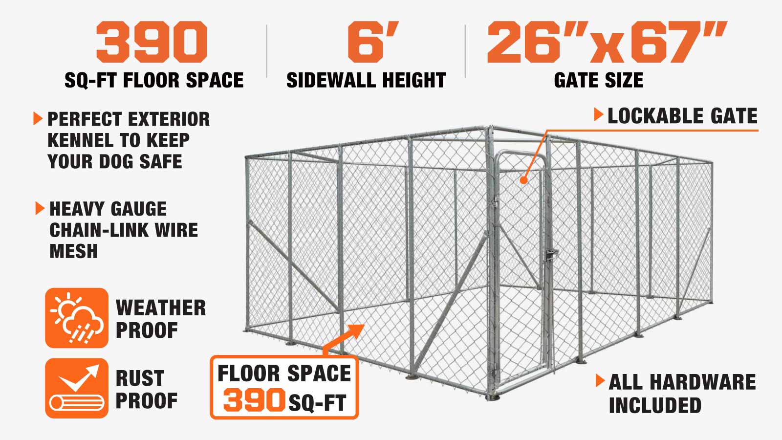 TMG Industrial 20’ x 20’ Outdoor Dog Kennel Playpen, Outdoor Dog Runner, Pet Exercise House, Lockable Gate, 6’ Chain-Link Fence, TMG-DCP2020-description-image