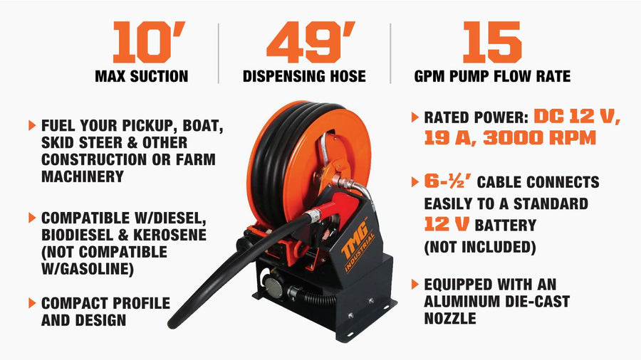 Portable Diesel Transfer Pump w/49' Hose Reel, Auto Shut Off, DC 12-Volt, 15 GPM, TMG-DFP10