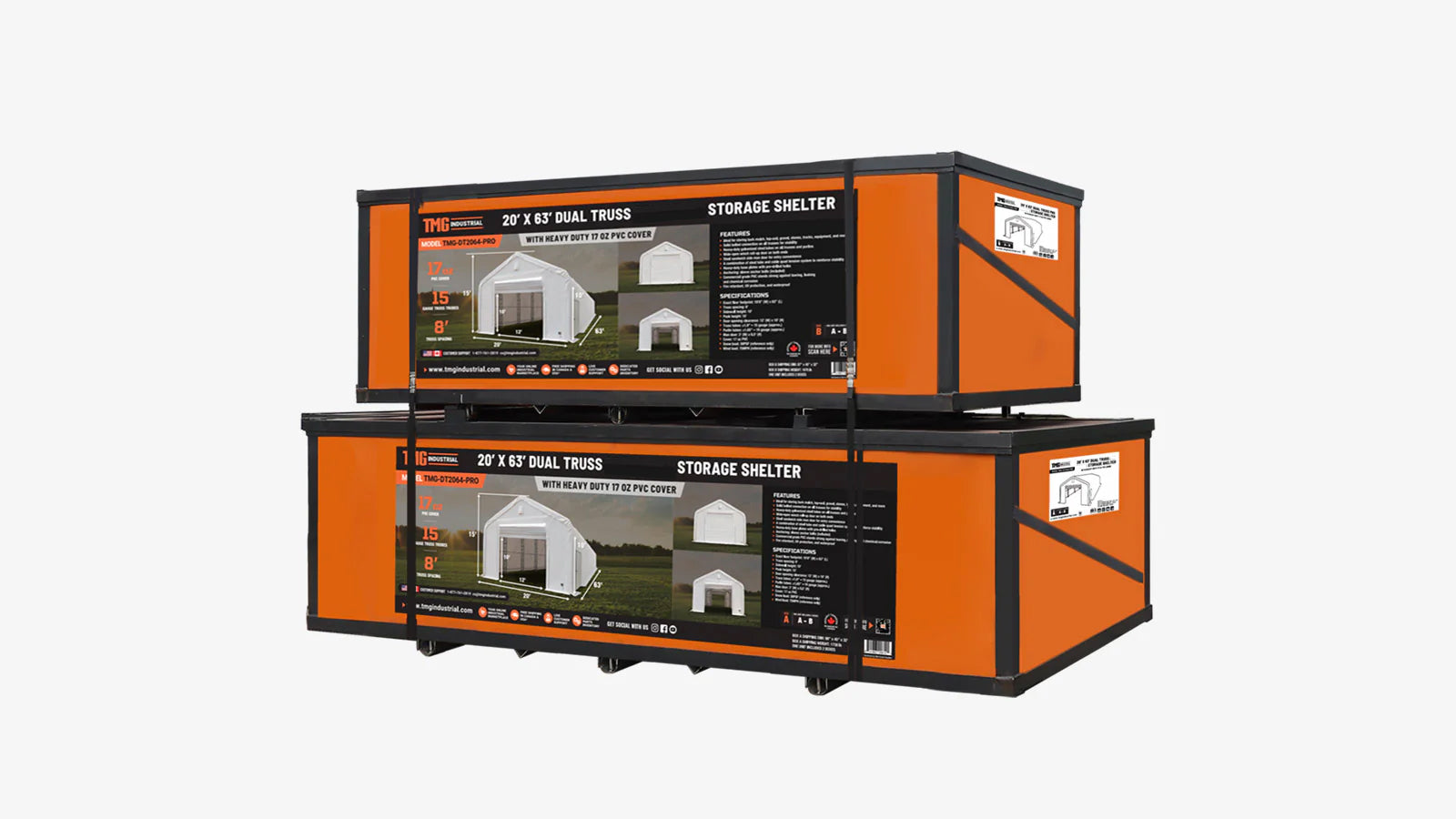 TMG Industrial Pro Series 20' x 63' Abri de stockage à double treillis avec couverture en PVC robuste de 17 oz et portes traversantes, TMG-DT2064-PRO-shipping-info-image