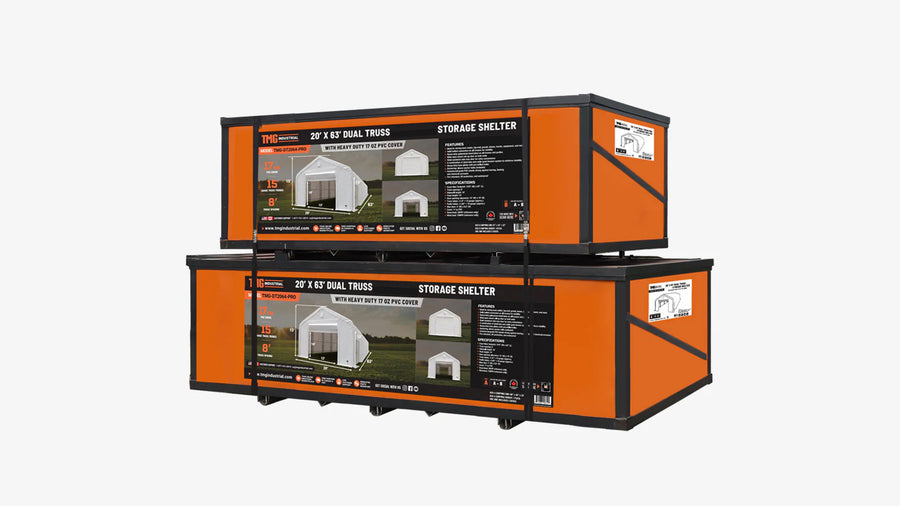 TMG Heavy Series™ 20' x 63' Dual Truss Storage Shelter with Heavy Duty 17 oz PVC Cover & Drive Through Doors, TMG-DT2064-PRO