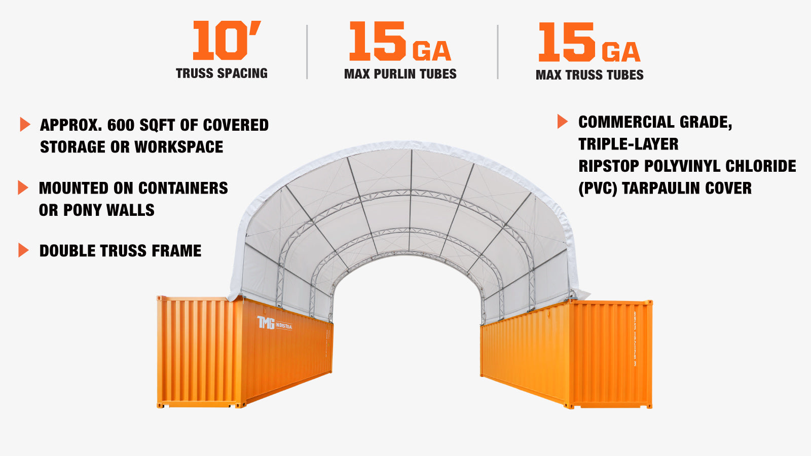 TMG Industrial 30' x 20' Dual Truss Container Shelter with Heavy Duty 17 oz PVC Cover, TMG-DT3020C-description-image