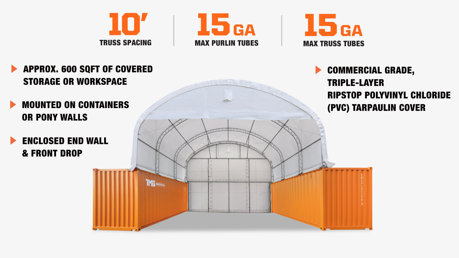 TMG Industrial 30' x 20' Dual Truss Container Shelter with Heavy Duty 17 oz PVC Cover, Enclosed End Wall & Front Drop, TMG-DT3020CF-description-image