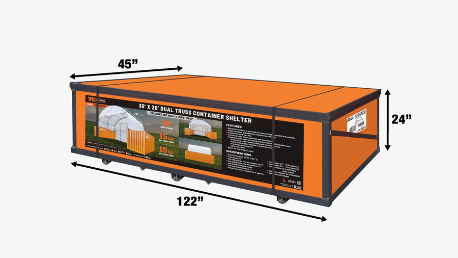 Abri de conteneur à double ferme 30' x 20' avec bâche PVC robuste 17 oz, paroi d'extrémité fermée et fronton, TMG-DT3020CF