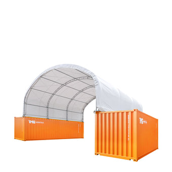 Three-quarter view showing Dual Truss Container Shelter mounted between orange containers