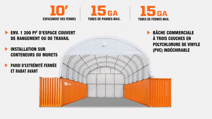 Abri conteneur à double ferme de 30' x 40' avec toile en PVC robuste de 17 oz, panneau d'extrémité fermé et façade tombante TMG-DT3040CF