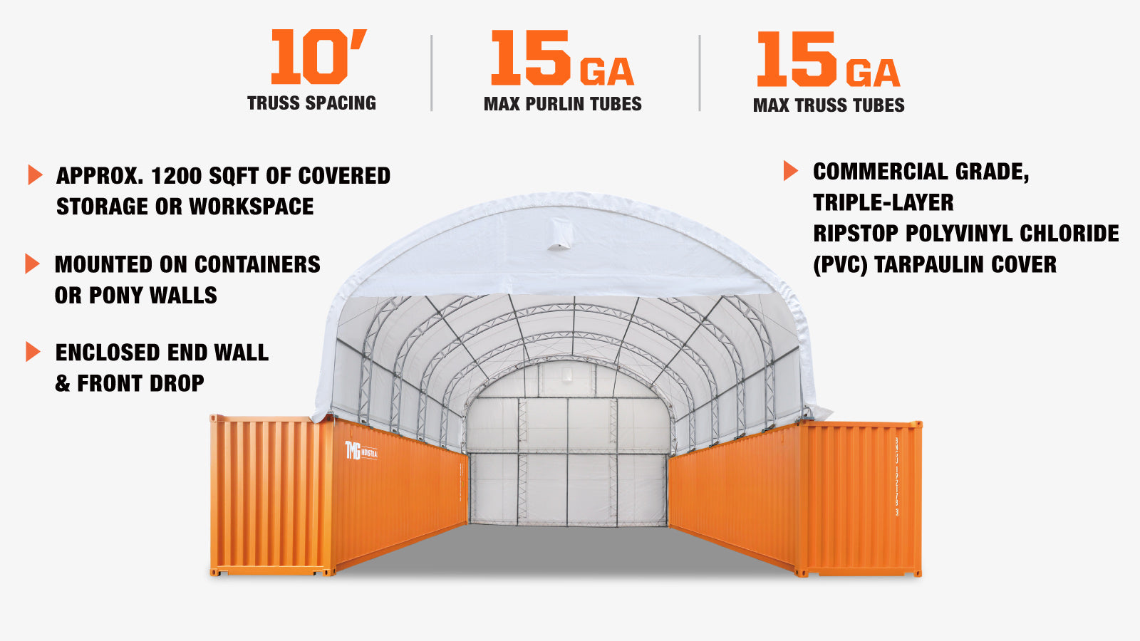 TMG Industrial 30' x 40' Dual Truss Container Shelter with Heavy Duty 17 oz PVC Cover, Enclosed End Wall & Front Drop, TMG-DT3040CF-description-image