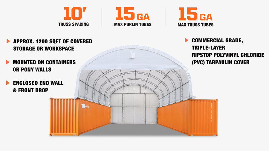 30' x 40' Dual Truss Container Shelter with Heavy Duty 17 oz PVC Cover, Enclosed End Wall & Front Drop TMG-DT3040CF