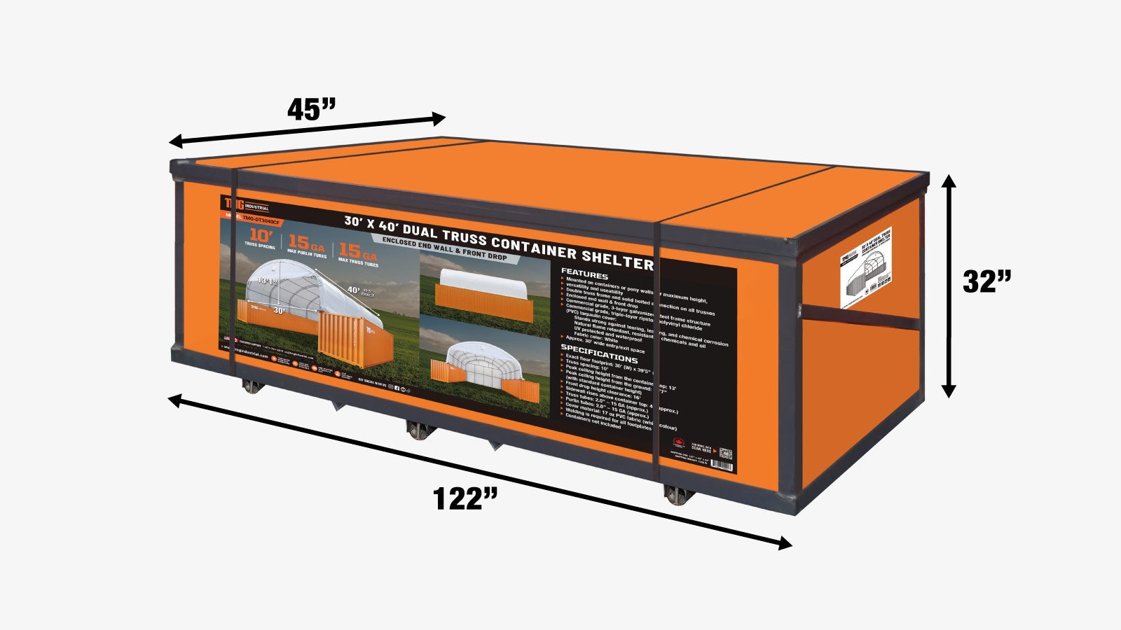 TMG Industrial 30' x 40' Dual Truss Container Shelter with Heavy Duty 17 oz PVC Cover, Enclosed End Wall & Front Drop, TMG-DT3040CF-shipping-info-image