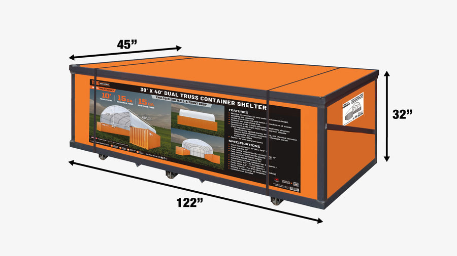 30' x 40' Dual Truss Container Shelter with Heavy Duty 17 oz PVC Cover, Enclosed End Wall & Front Drop TMG-DT3040CF