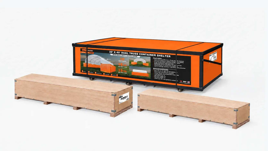 Abri conteneur à double ferme de 30' x 40' avec toile en PVC robuste de 17 oz, panneau d'extrémité fermé et façade tombante TMG-DT3040CF