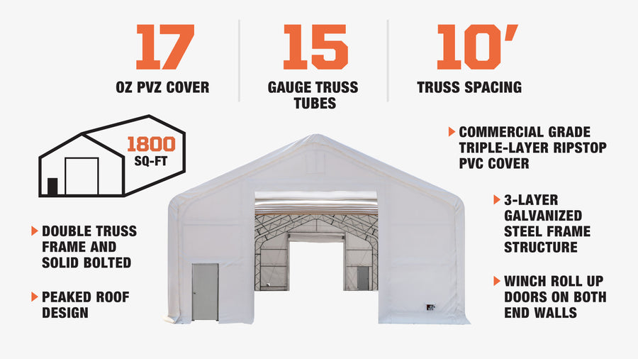 TMG Industrial 30' x 60' Abri de stockage à double treillis avec couverture en PVC robuste de 17 oz et portes traversantes, TMG-DT3061