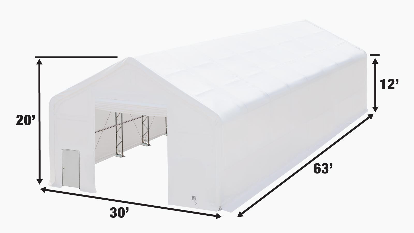 TMG Industrial Pro Series 30' x 63' Dual Truss Storage Shelter with Heavy Duty 17 oz PVC Cover & Drive Through Doors, TMG-DT3063-PRO-specifications-image