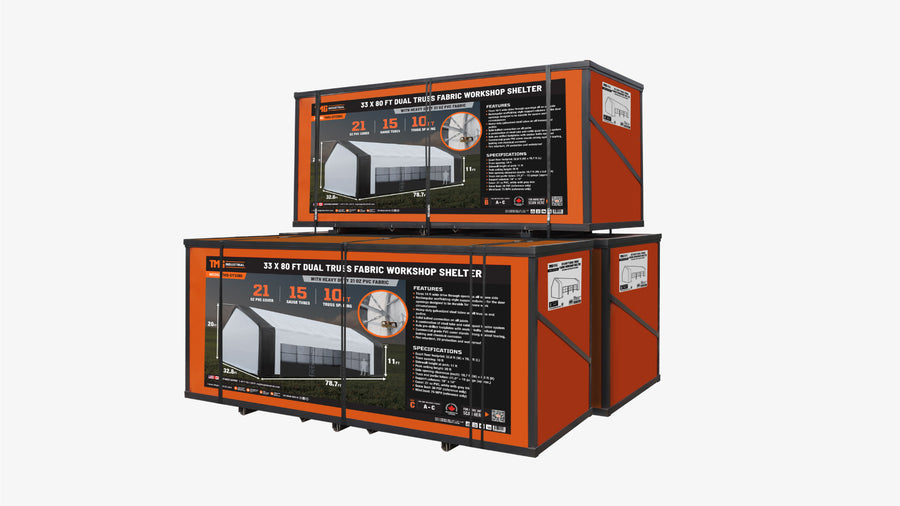 33' x 80' Dual Truss Storage Shelter Workshop, (3) 19' Wide Drive-Through Openings, Scaffolding-Style Door Frame Support, TMG-DT3380