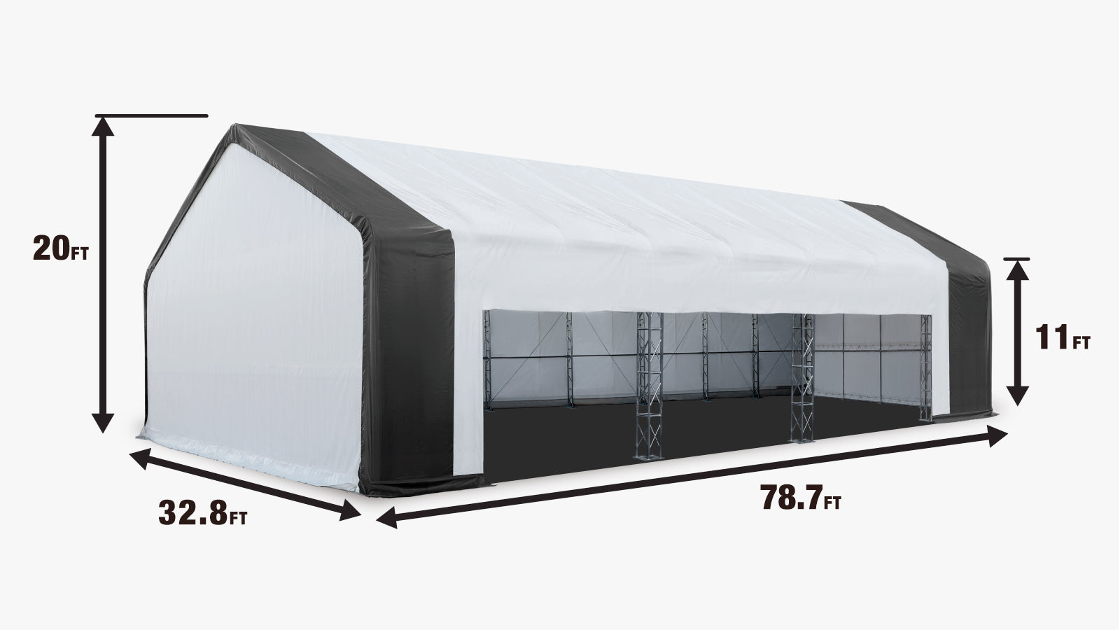 TMG Industrial 80’ x 33’ Dual Truss Storage Shelter Workshop, (3) 19’ Wide Drive-Through Openings, Scaffolding-Style Door Frame Support, TMG-DT3380-specifications-image