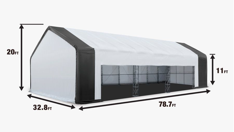 33' x 80' Dual Truss Storage Shelter Workshop, (3) 19' Wide Drive-Through Openings, Scaffolding-Style Door Frame Support, TMG-DT3380