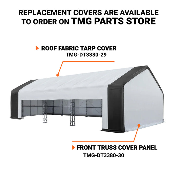 TMG Industrial 80’ x 33’ Dual Truss Storage Shelter Workshop, (3) 19’ Wide Drive-Through Openings, Scaffolding-Style Door Frame Support, TMG-DT3380