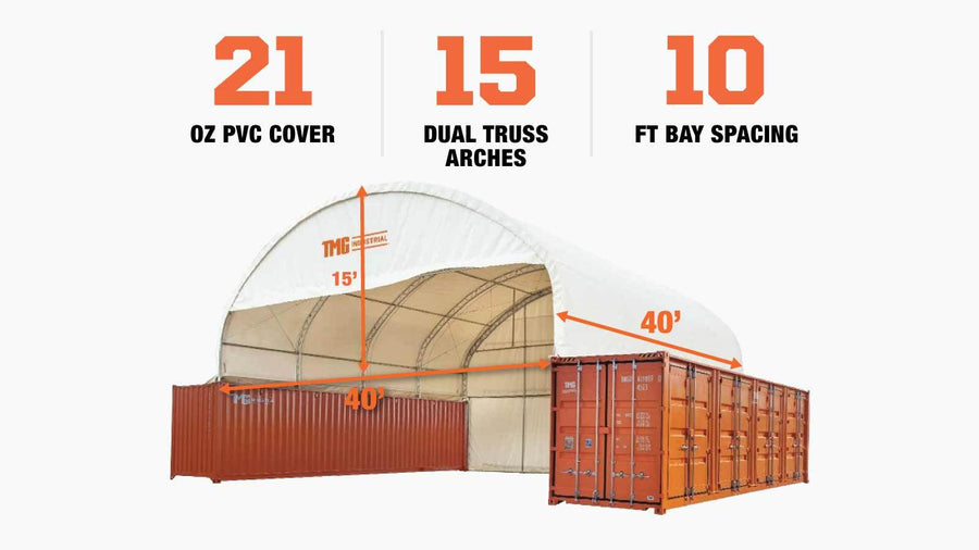 40' x 40' Dual Truss Container Shelter with Heavy Duty 21 oz PVC Cover, Enclosed End Wall & Front Drop, TMG-DT4041CF (Previously DT4040CF)