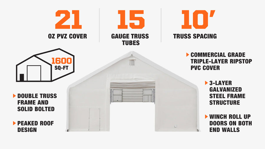TMG Industrial 40' x 40' Abri de stockage à double treillis avec couverture en PVC robuste de 21 oz et portes traversantes, TMG-DT4041