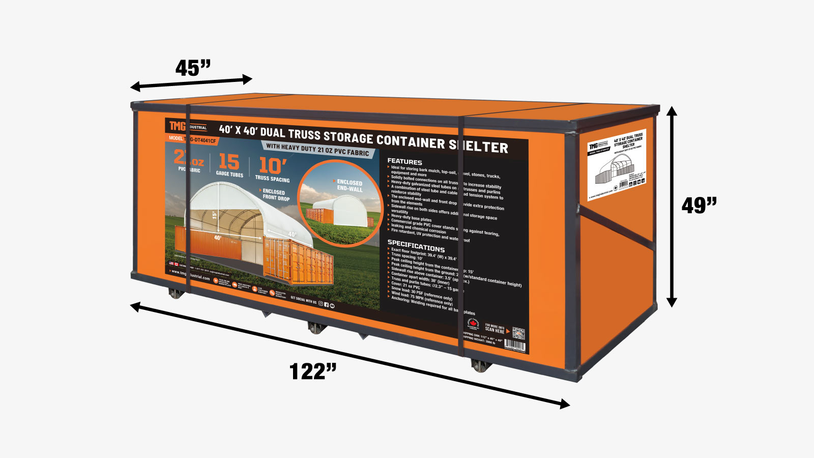 TMG Industrial 40' x 40' Dual Truss Container Shelter with Heavy Duty 21 oz PVC Cover, Enclosed End Wall & Front Drop, TMG-DT4041CF (DT4040CF)-shipping-info-image