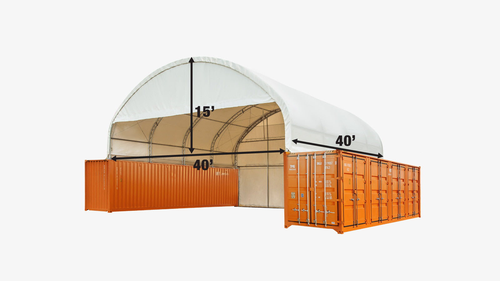 TMG Industrial 40' x 40' Dual Truss Container Shelter with Heavy Duty 21 oz PVC Cover, Enclosed End Wall & Front Drop, TMG-DT4041CF (DT4040CF)-specifications-image