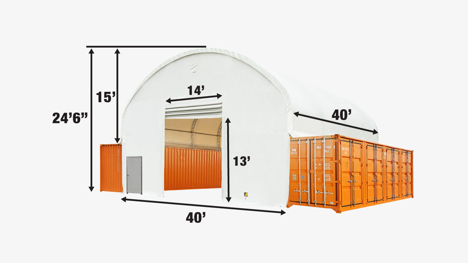 TMG Industrial 40' x 40' Dual Truss Container Shelter with Heavy Duty 21 oz PVC Cover, Fully Enclosed front and back endwalls, TMG-DT4041CG-specifications-image