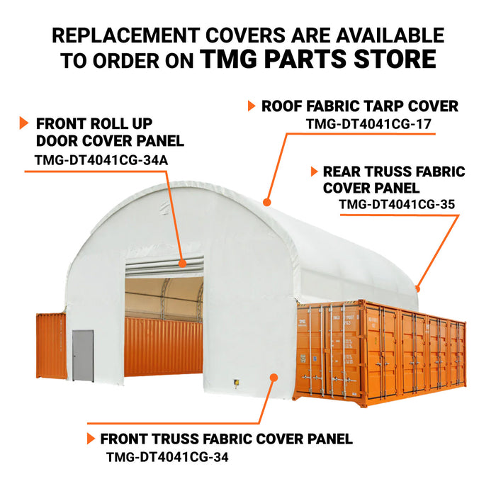 TMG Industrial 40' x 40' Dual Truss Container Shelter with Heavy Duty 21 oz PVC Cover, Fully Enclosed front and back endwalls, TMG-DT4041CG