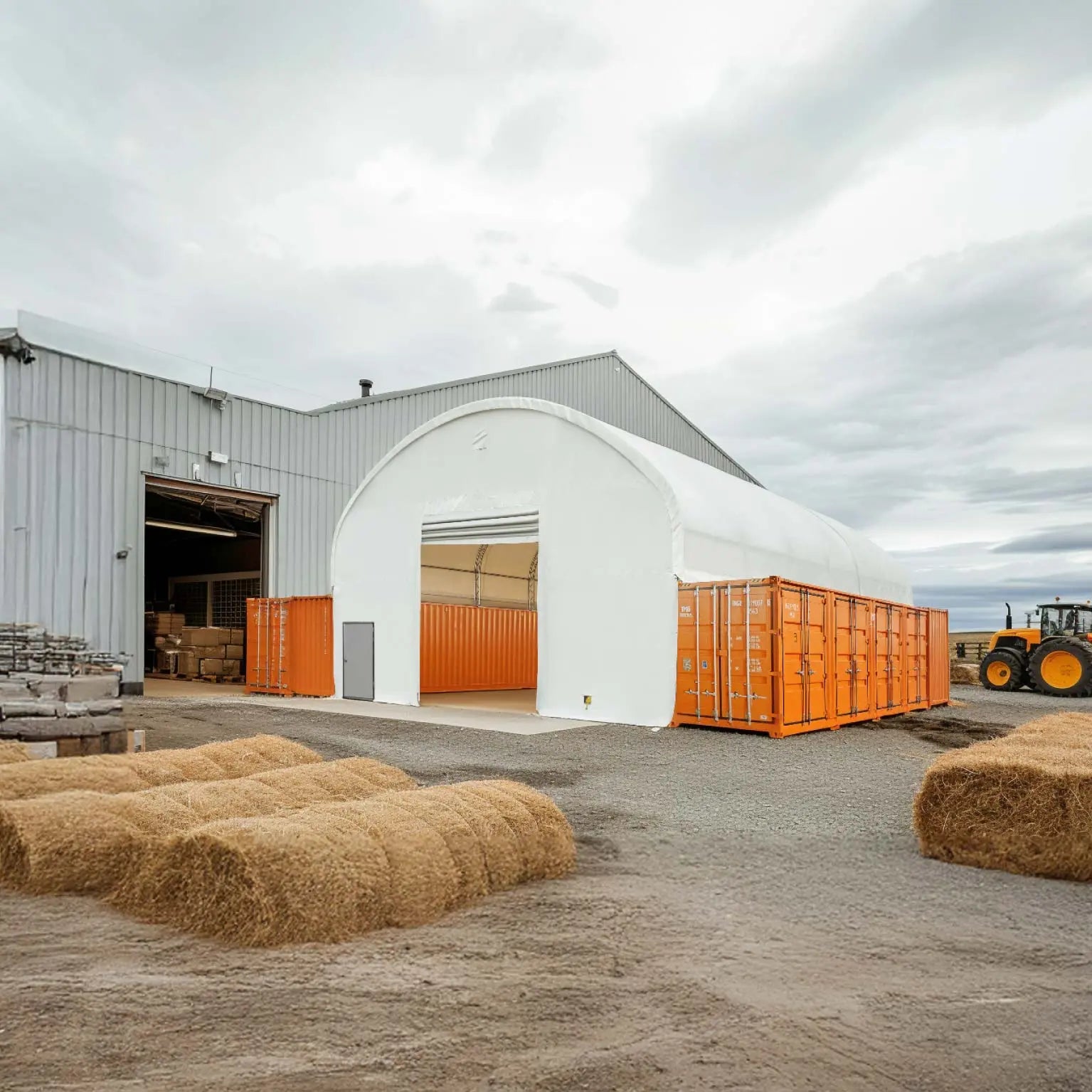 40' x 40' Dual Truss Container Shelter with Heavy Duty 21 oz PVC Cover, Fully Enclosed front and back endwalls, TMG-DT4041CG - TMG Industrial