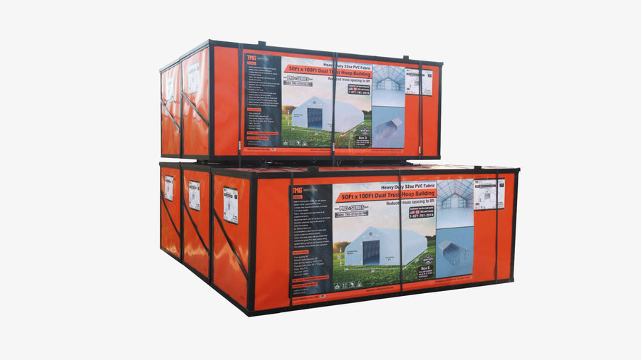 TMG Heavy Series™ 50' x 100' Dual Truss Storage Shelter with Heavy Duty 32 oz PVC Cover & Drive Through Doors, TMG-DT50100-PRO