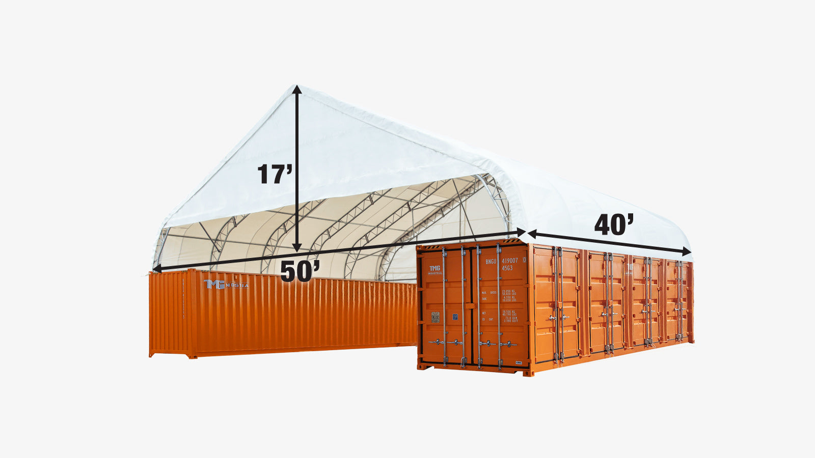 TMG Industrial Pro Series 50' x 40' Dual Truss Container Shelter with Heavy Duty 32 oz PVC Cover, Enclosed End Wall and Front Drop, TMG-DT5040CF-PRO-specifications-image