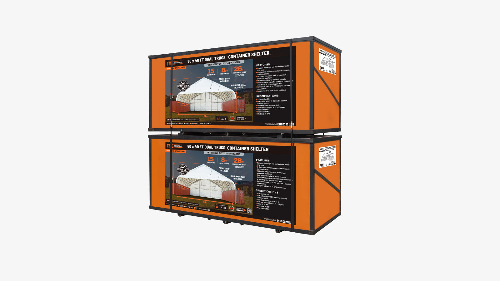 TMG Industrial Pro Series 50' x 40' Abri de conteneur à double treillis avec couverture en PVC robuste de 32 oz, paroi d'extrémité fermée et chute avant, TMG-DT5040CF-PRO-shipping-info-image