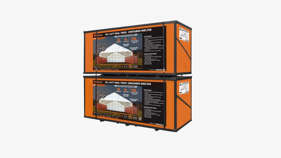 TMG Industrial Pro Series 50' x 40' Abri de conteneur à double treillis avec couverture en PVC robuste de 32 oz, paroi d'extrémité fermée et chute avant, TMG-DT5040CF-PRO