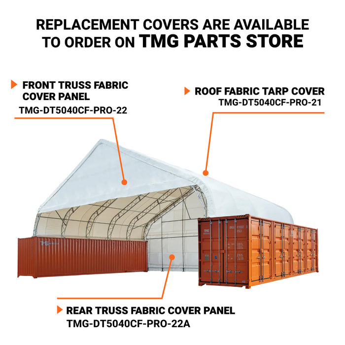 TMG Industrial Pro Series 50' x 40' Dual Truss Container Shelter with Heavy Duty 32 oz PVC Cover, Enclosed End Wall and Front Drop, TMG-DT5040CF-PRO