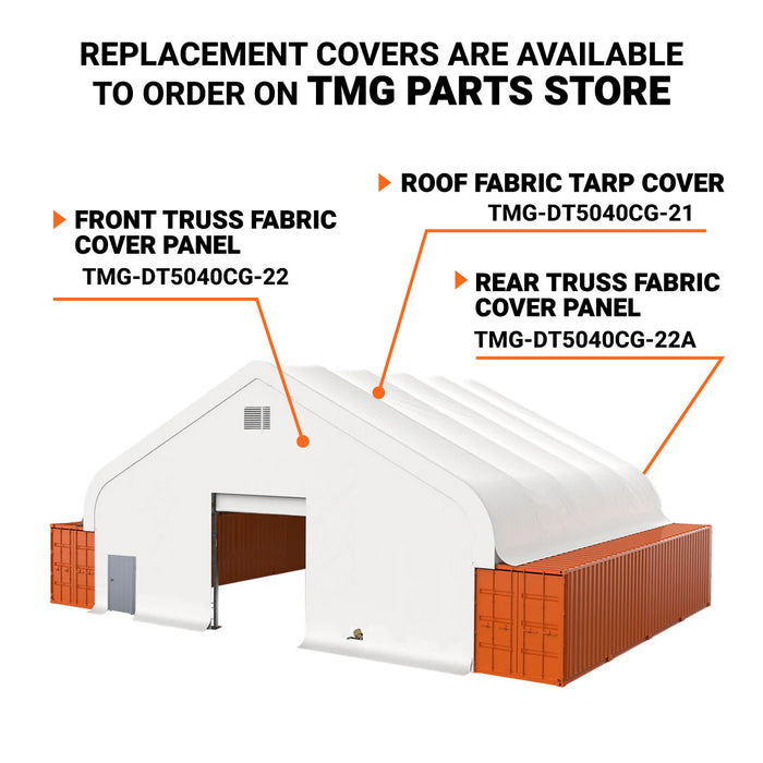 TMG Industrial Pro Series 50' x 40' Abri de conteneur à double treillis entièrement fermé avec couverture en PVC robuste de 32 oz, paroi avant et paroi arrière, TMG-DT5040CG