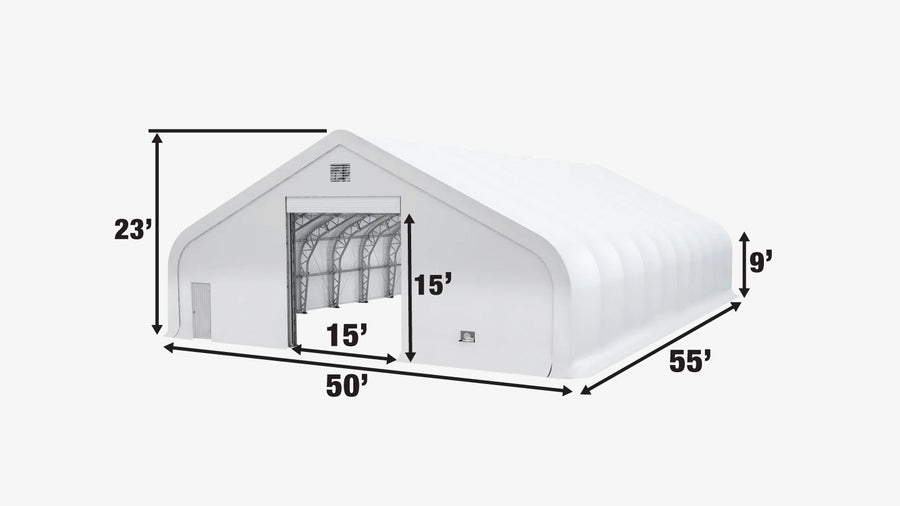 TMG Heavy Series™ 50' x 55' Dual Truss Storage Shelter with Heavy Duty 32 oz PVC Cover & Drive Through Doors, TMG-DT5055-PRO