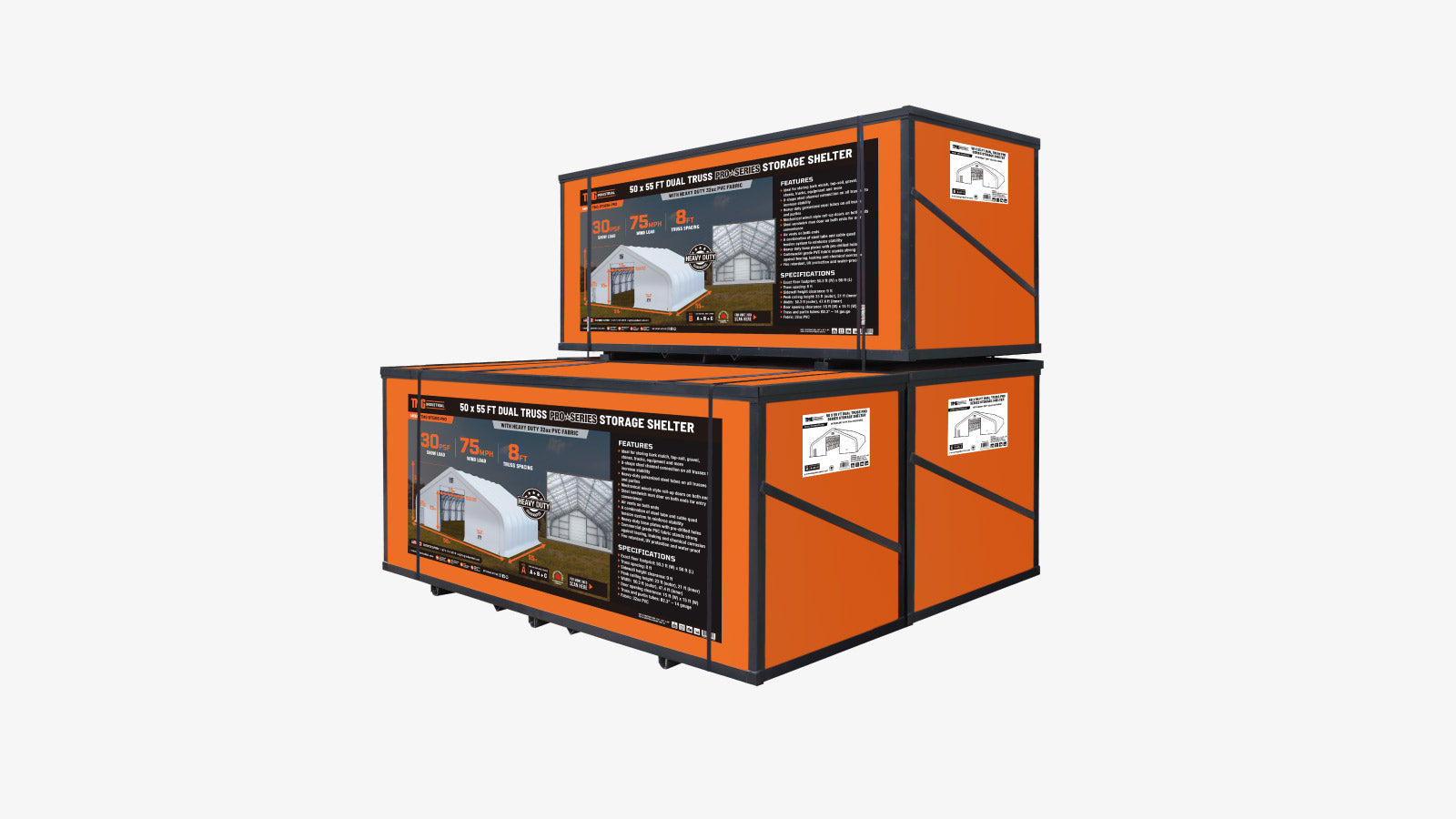 <tc>TMG Industrial Pro Series 50' x 55' Abri de stockage à double treillis avec couverture en PVC robuste de 32 oz et portes traversantes, TMG-DT5055-PRO</tc>-shipping-info-image