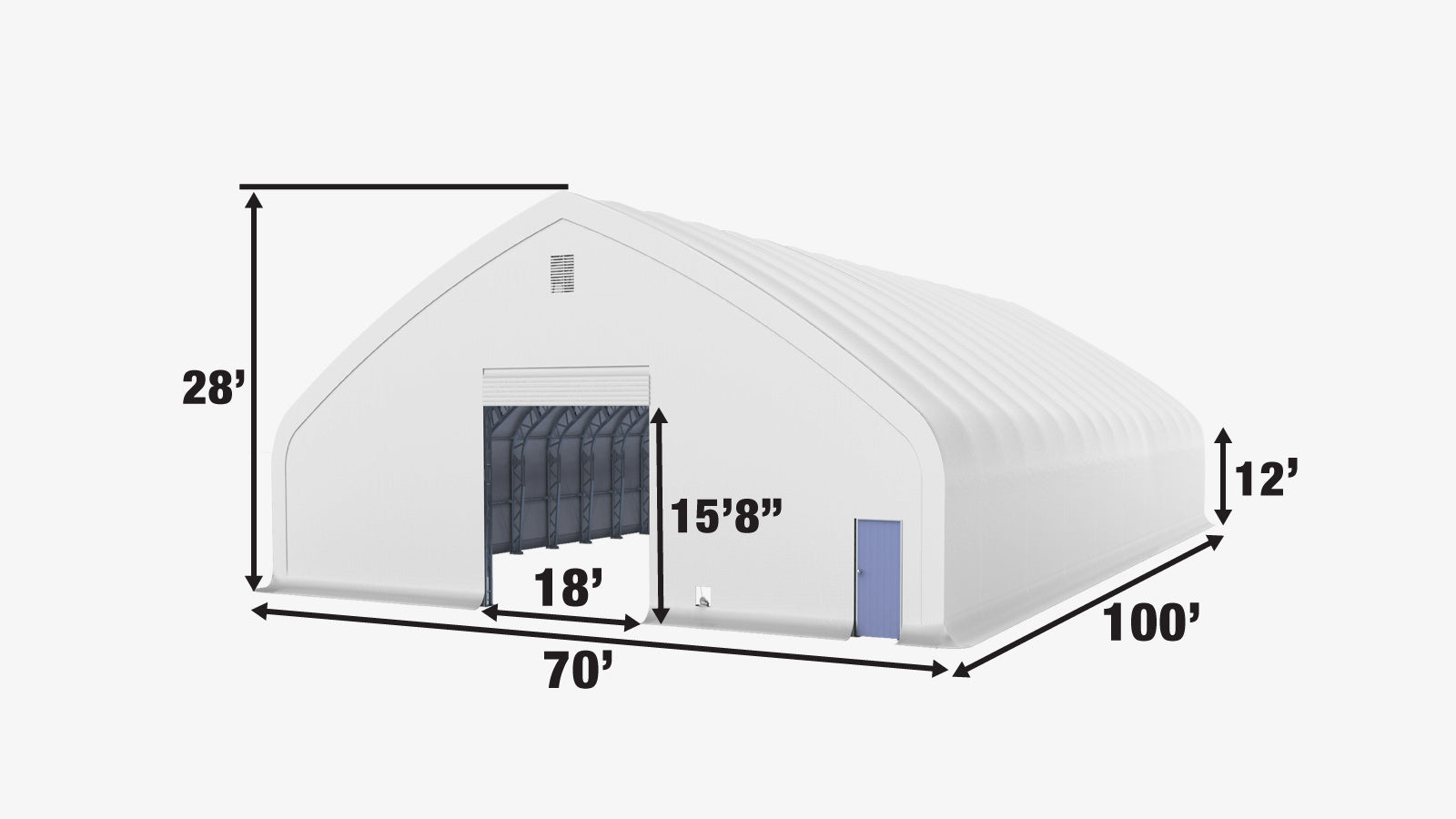 TMG Industrial Pro Series 70' x 100' Dual Truss Storage Shelter with Heavy Duty 32 oz PVC Cover & Drive Through Doors, TMG-DT70100-PRO-specifications-image