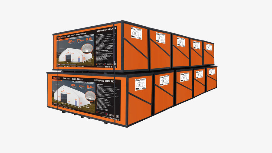 TMG Heavy Series™ 70' x 100' Dual Truss Storage Shelter with Heavy Duty 32 oz PVC Cover & Drive Through Doors, TMG-DT70100-PRO