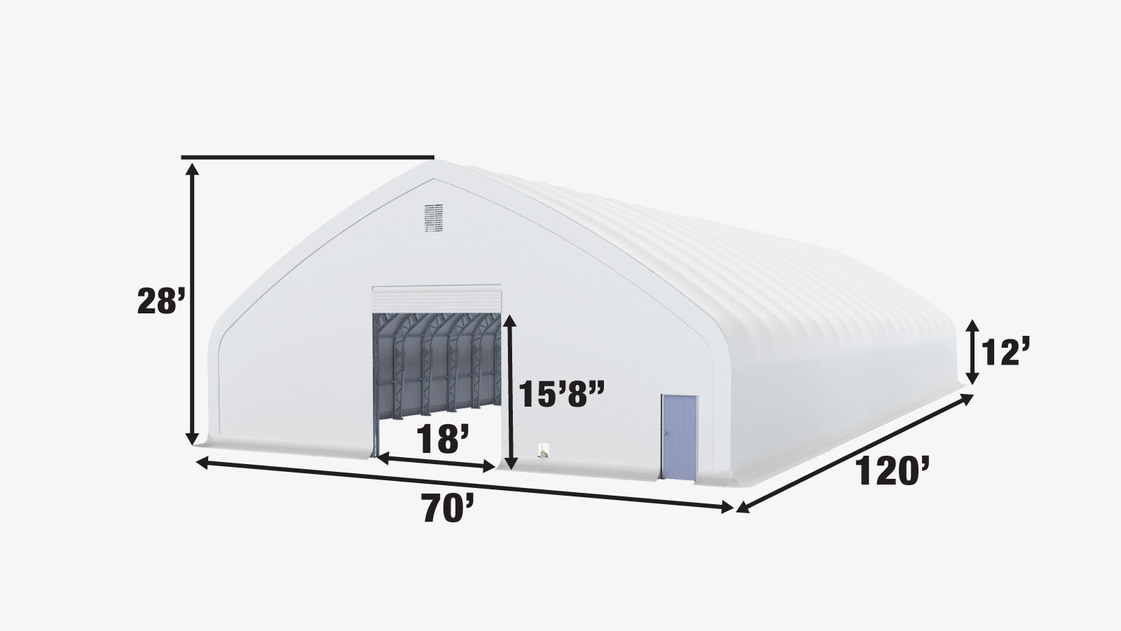 TMG Industrial Pro Series 70' x 120' Dual Truss Storage Shelter with Heavy Duty 32 oz PVC Cover & Drive Through Doors, TMG-DT70120-PRO-specifications-image