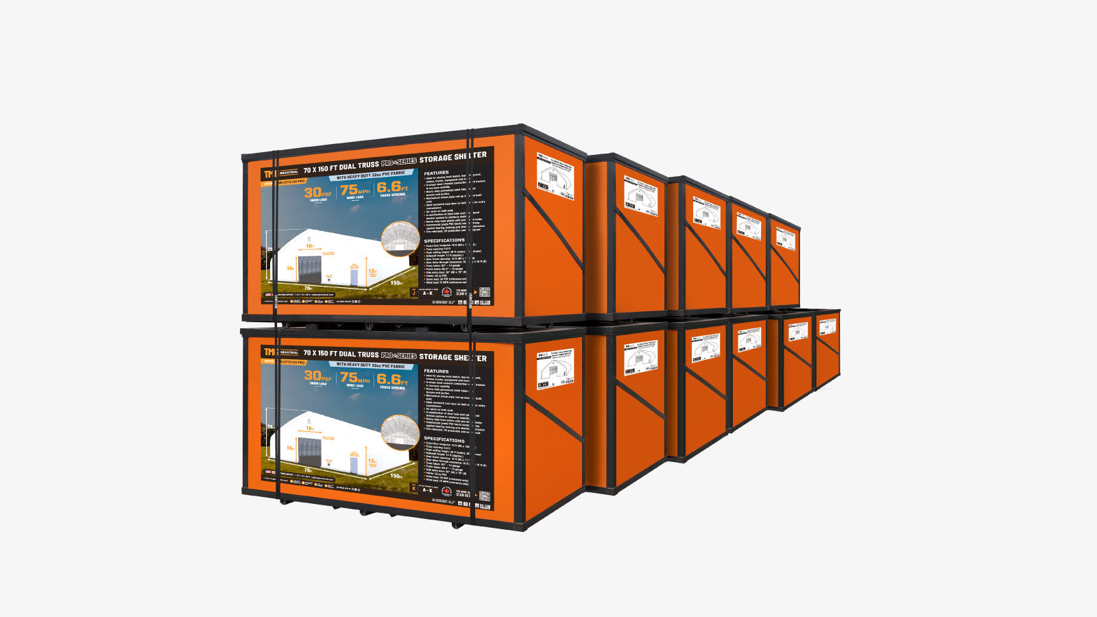 TMG Industrial Pro Series 70' x 150' Abri de stockage à double treillis avec couverture en PVC robuste de 32 oz et portes traversantes, TMG-DT70150-PRO-shipping-info-image
