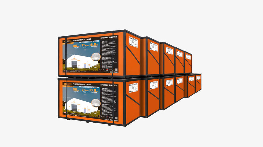 TMG Heavy Series™ 70' x 150' Dual Truss Storage Shelter with Heavy Duty 32 oz PVC Cover & Drive Through Doors, TMG-DT70150-PRO