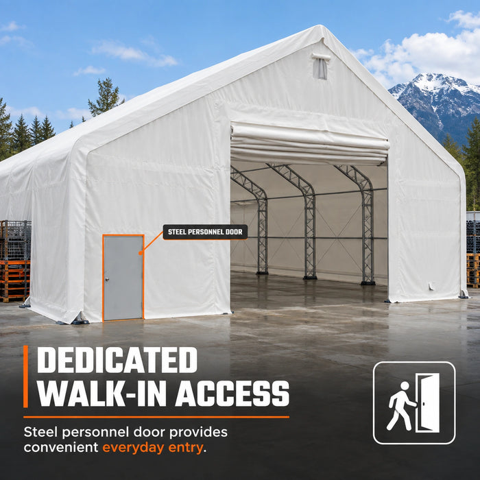 Snow Series 40' x 40' Dual Truss Storage Shelter featuring steel personnel door access