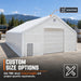 Snow Series 40' x 40' Dual Truss Storage Shelter roll-up door closed with custom options callout