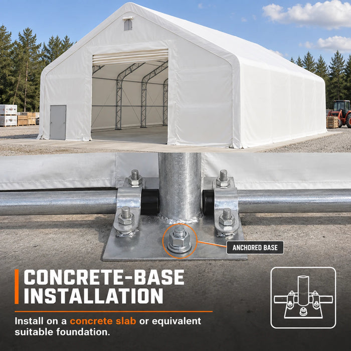 Snow Series 40' x 40' Dual Truss Storage Shelter showing anchored base bolted to concrete